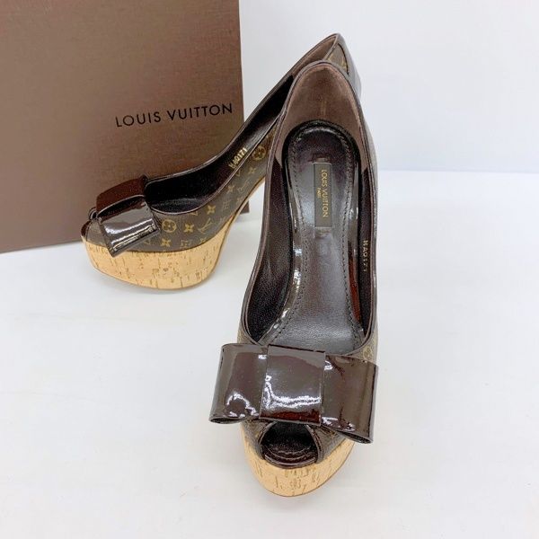 LOUIS VUITTON モノグラム柄 総柄 リボン オープントゥ パンプス ハイヒール シューズ MA0171 き ルイヴィトン 靴 DF15629