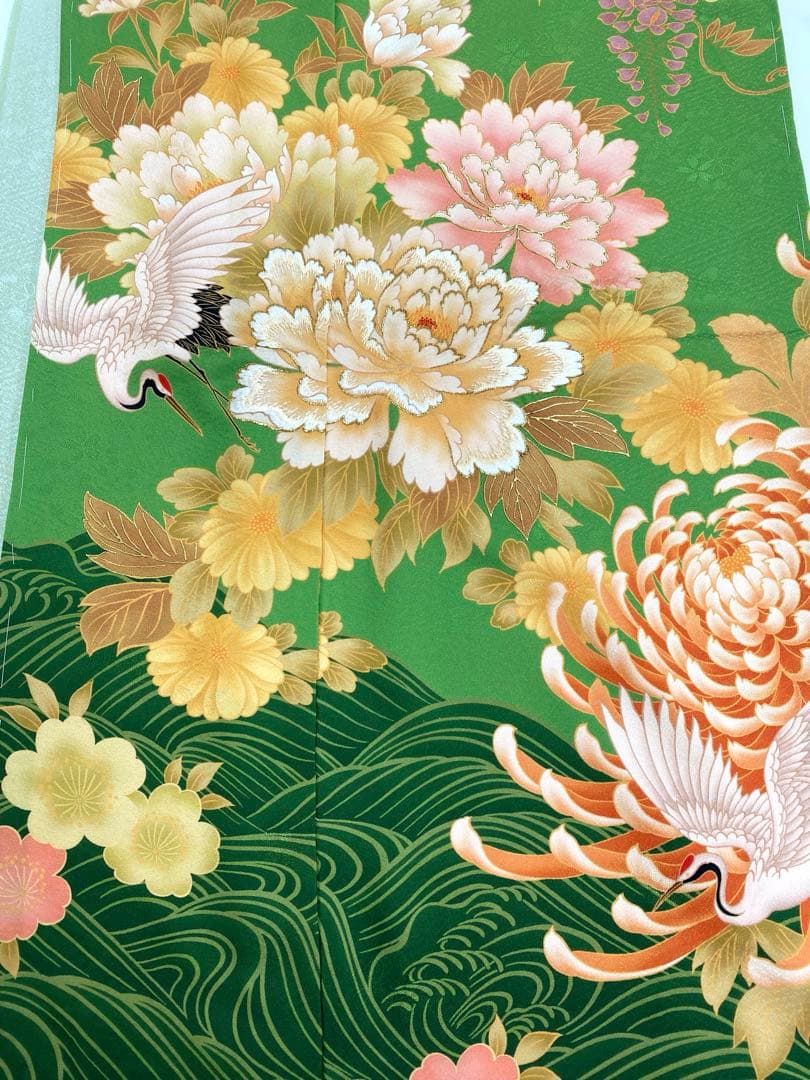 振袖 仮絵羽 刺繍 紋意匠 鶴 芍薬 菊 舞台衣装 正絹 未仕立て品 八掛