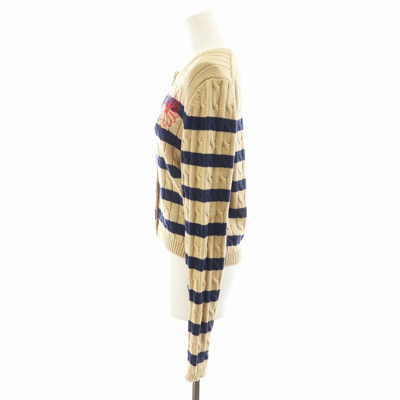 マルディメクルディ COTTON CARDIGAN ROUND NECK STRIPE カーディガン ストライプ柄 刺繍 F ベージュ 紺 マルディメクルディ Mardi Mercredi COTTON CARDIGAN ROUND NECK