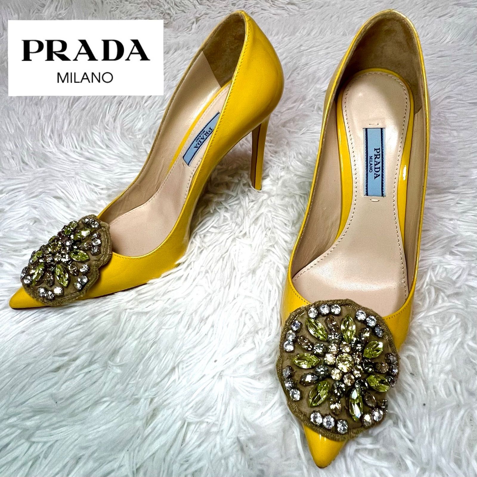 PRADA プラダ ハイヒール パンプス 花 石 装飾 イエロー パテント 
