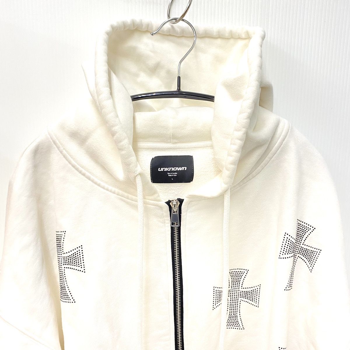 UNKNOWN ラインストーンジップ フーディスウェット White