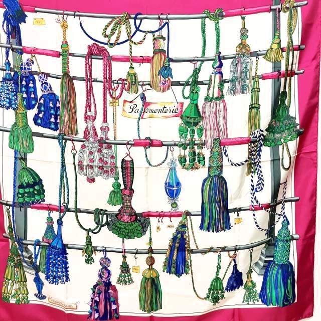 エルメス HERMES カレ90 スカーフ ショール 紐飾り pasemente 総柄 絹  