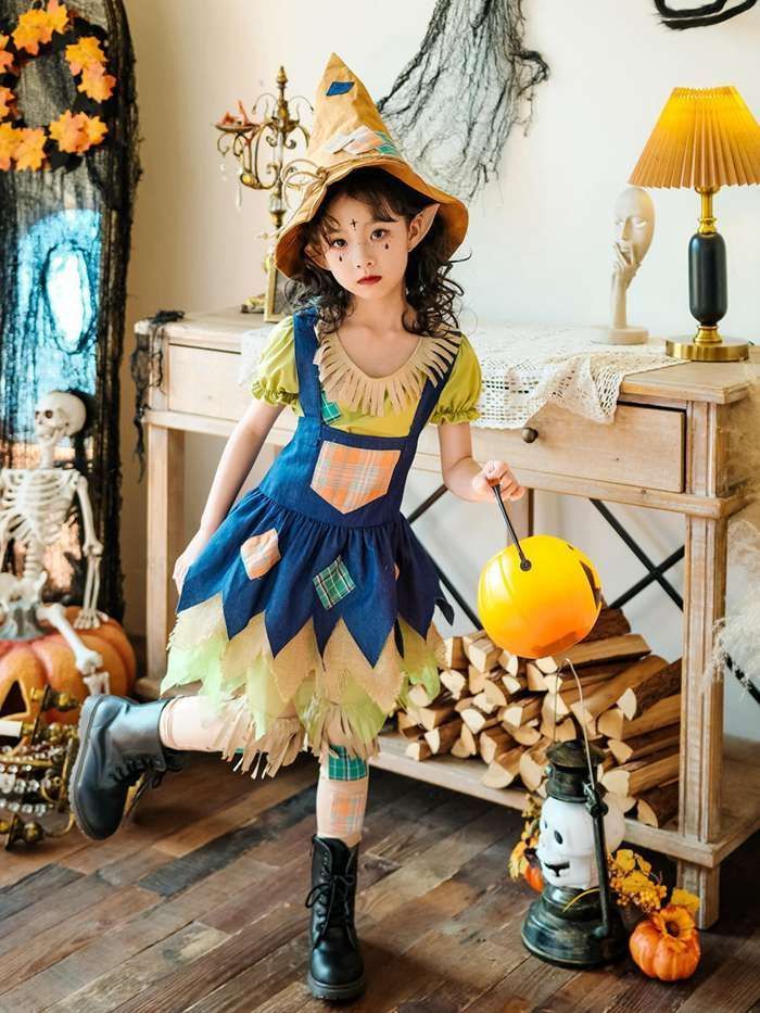 ハロウィン衣装 仮装 コスプレ 案山子 魔女衣装 かかし 女の子 かわいい コスプレ衣装 演出服 子供用 ストラップスカート エルフ耳 傀儡 魔女 巫女 田舎風 クリスマス プレゼント 衣装 保育園 幼稚園