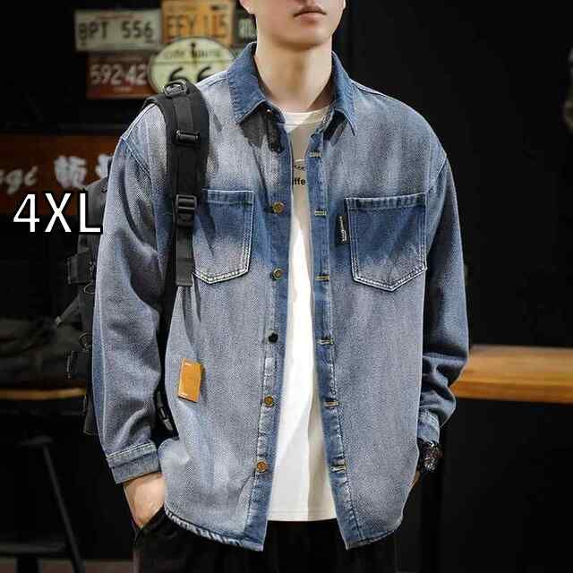 4XL 秋冬 コーデ メンズ 服 シンプル ファッション オシャレ 大人 かっこいい 大きいサイズ ストリート 紳士服 アメリカン ヘビー デニムシャツ グラデーション ウォッシュ加工 長袖 ワークシャツ ジャケット