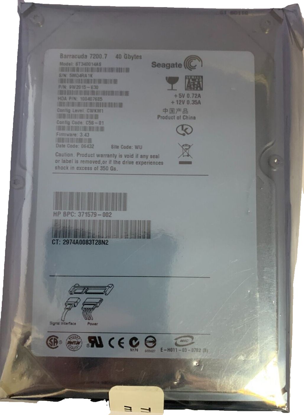 371579-002 40GB Barracuda SATA 8.9cm 7200.7Rpm Hard Drive 9W2015-630 ST 340014AS