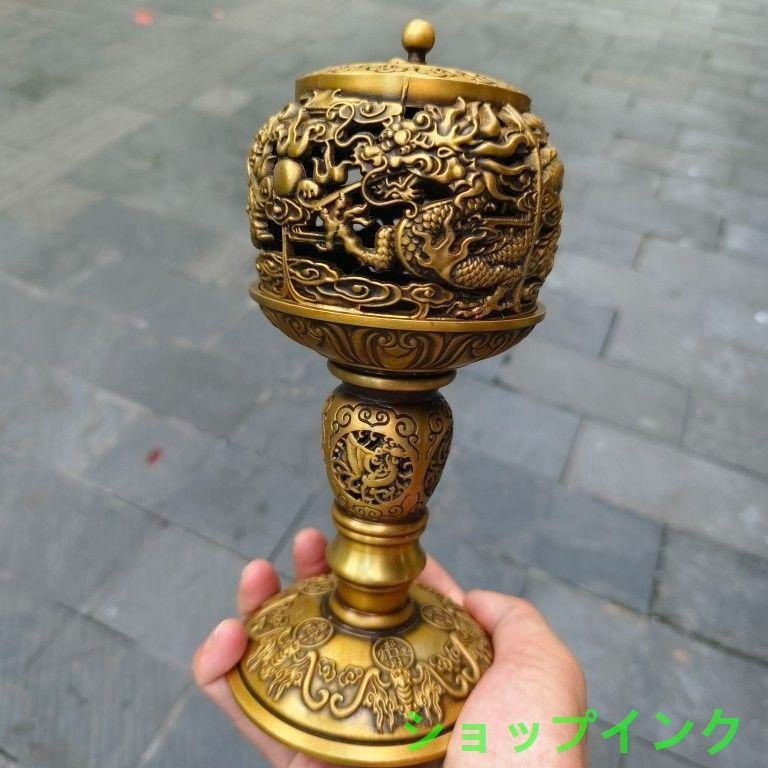 銅 細工 透かし彫り 双龍香炉 銅香炉 仏具 茶道具 香道具 工芸品