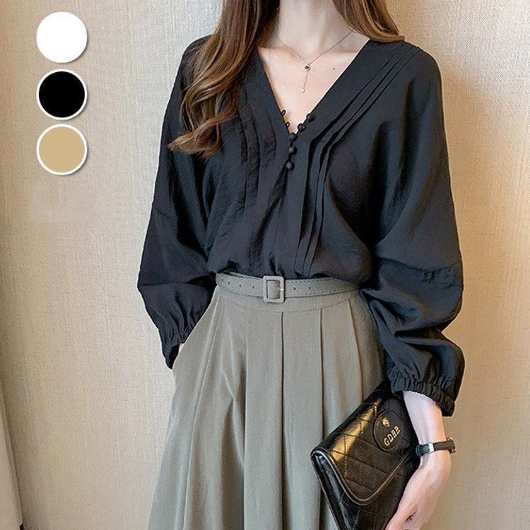 ブラウス レディース きれいめ 40代 春秋 上品 vネックブラウス シフォン トップス 長袖 プリーツ 韓国風 トップス 大きいサイズ 大人 Tシャツ オシャレ 2色 ブラウス レディース きれいめ 40代 春夏 上品 vネックブラウス