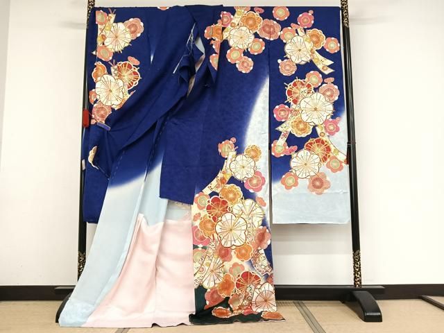 平和屋着物●豪華振袖　京友禅　駒刺繍　梅短冊文　暈し染め　金糸　金彩　仮絵羽　逸品　未使用　AAAZ3264np 平和屋着物○豪華振袖 京友禅 駒刺繍 梅短冊文 暈し染め 金糸 金彩 仮