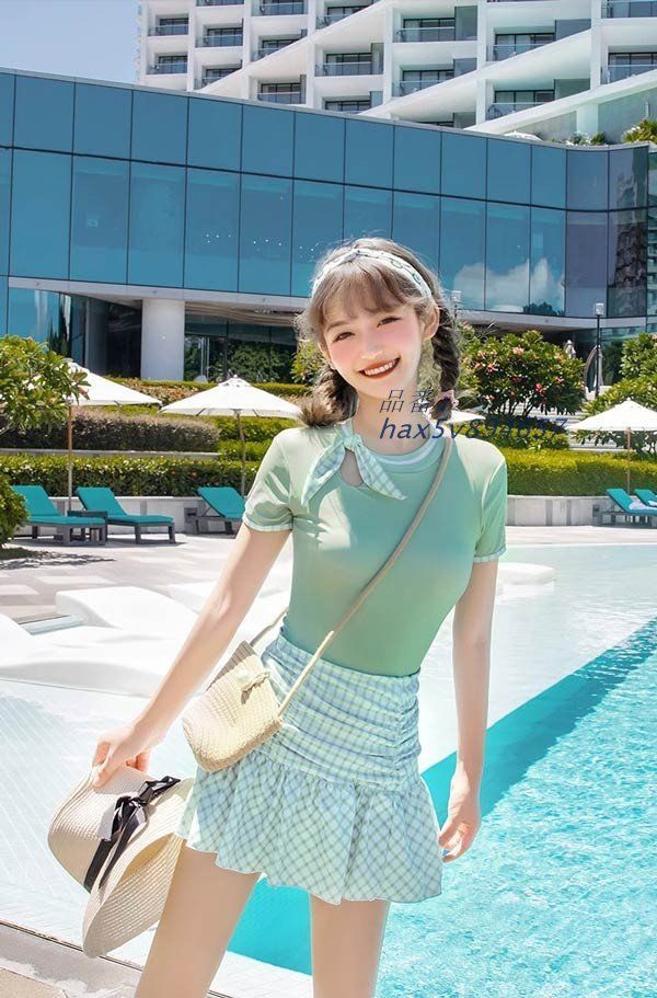 ワンピース水着 リボン 服みたいな 水着 チェック柄 半袖 着やせ セクシー レディース 撮影用 海 写真映え パッド付 ワイヤーなし シンプル hax5v894657