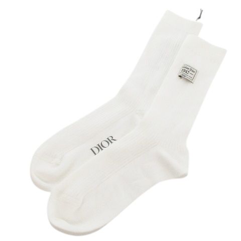 クリスチャンディオール Christian Dior CD 1947 カプセルコレクション ソックス 靴下 ウーブンラベル リブ編み ロゴ S 25-26cm 白 ホワイト |MN13 GY99