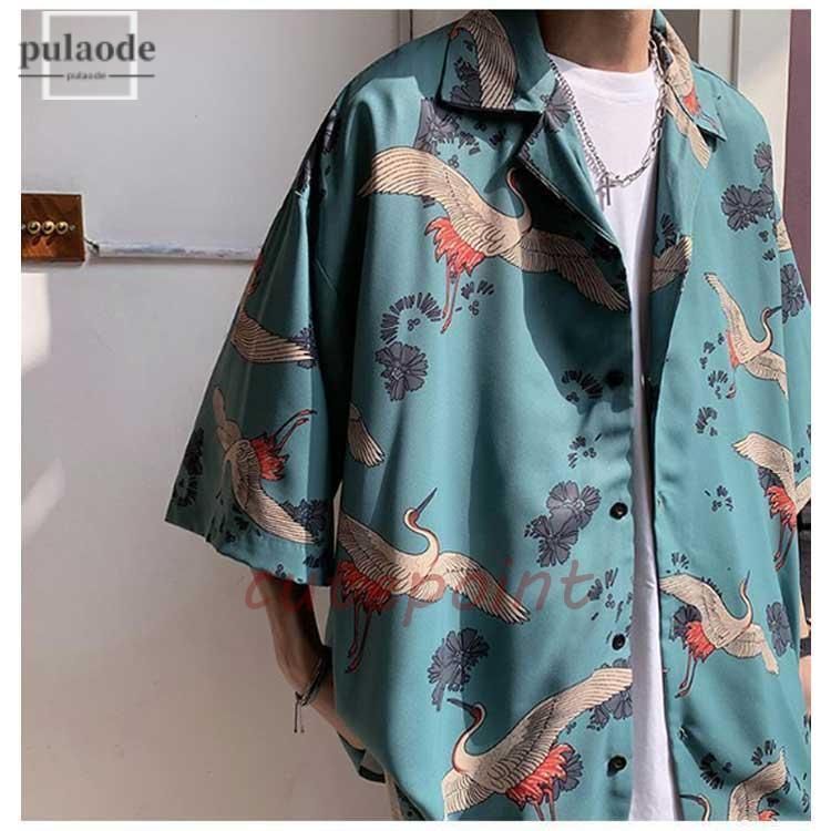 ★Miu★AVANTI アロハシャツ 半袖 Sサイズ　和柄「鶴」 木村拓哉着用 AVANTI 和柄アロハシャツ 水色 M 開襟シルク100