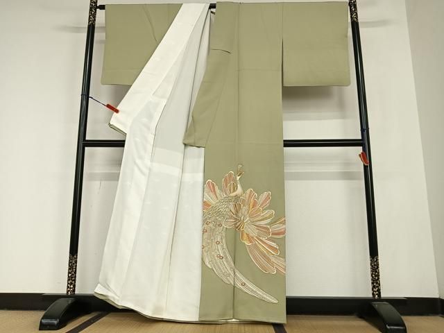 平和屋着物●豪華色留袖 駒刺繍 孔雀花文 金彩 正絹 AABB6596zg