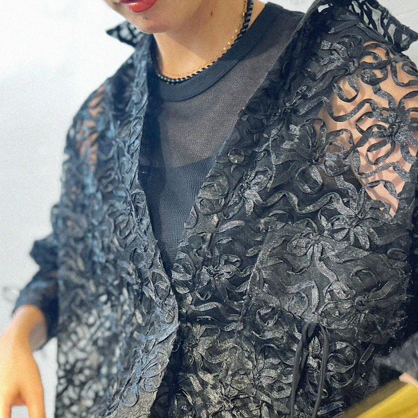 GANNI (ガニー) 24SS BLACK RIBBON TULLE RAGLAN SHIRT 24050380002210 