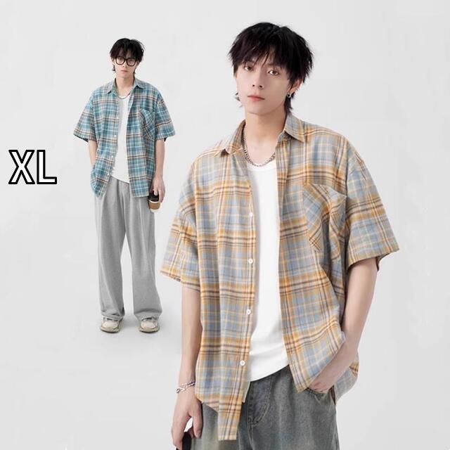[XL]秋冬 コーデ メンズ  服 シンプル ファッション オシャレ 大人 かっこいい 大きいサイズ ストリート 紳士服  アメリカン 黄色 青 チェック柄 半袖 シャツ カジュアル カップル ジャケット 