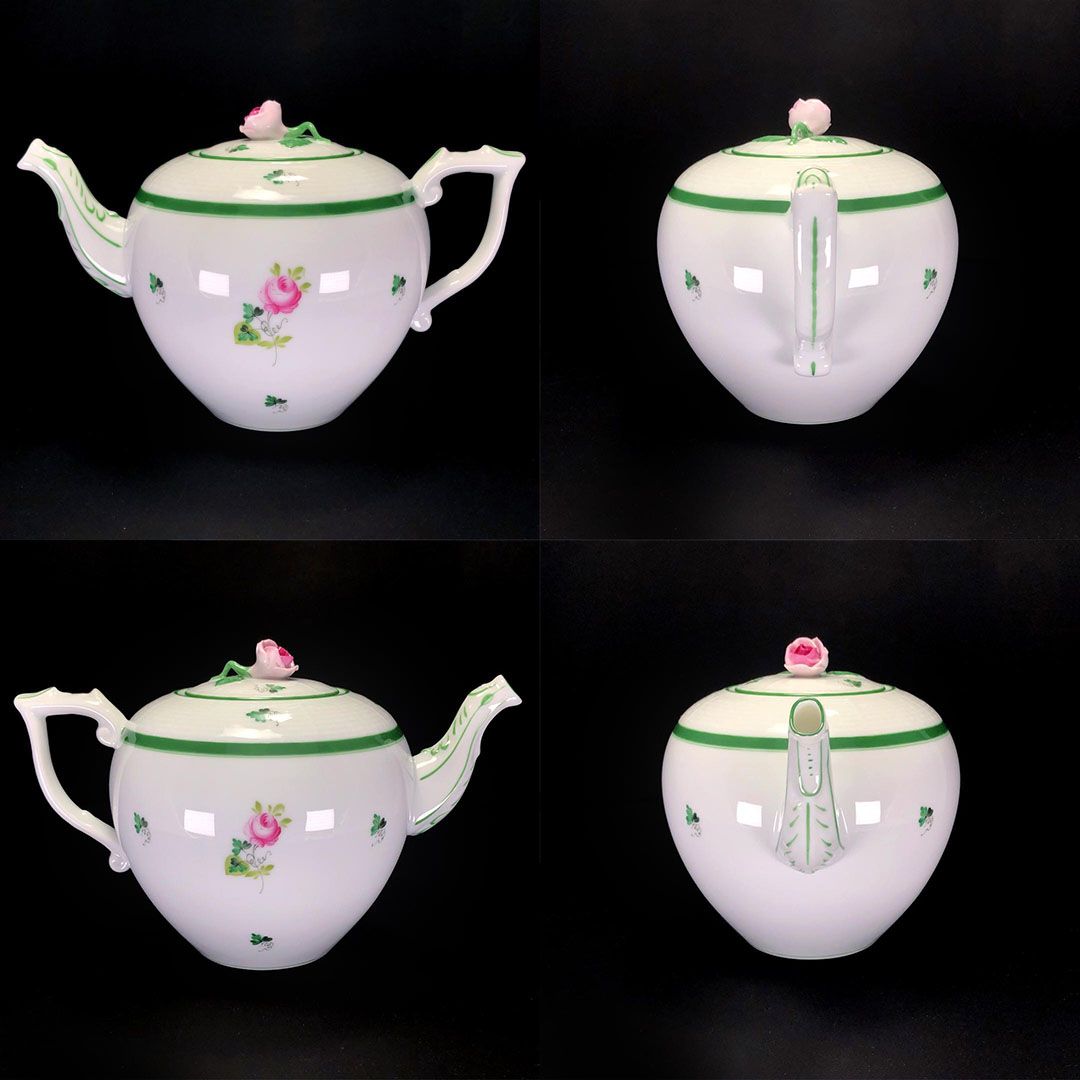 HEREND ヘレンド ウィーンの薔薇 ティーポット＆ティーストレーナー＆ボウル 3点セット 花 フローラル 陶器 ホワイト グリーン