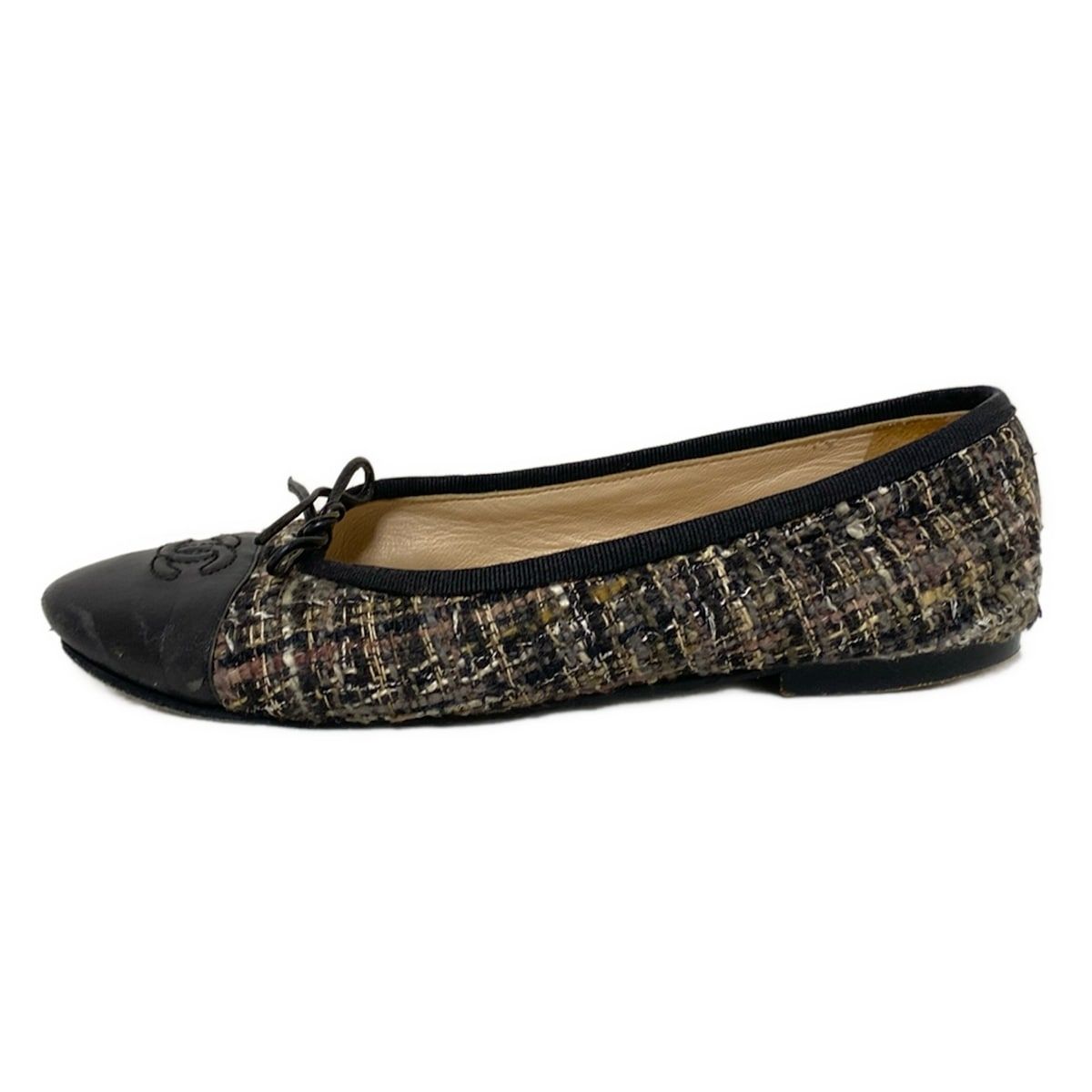 CHANEL シャネル フラットシューズ 36 1|2C レディース - 黒×ブラウン×マルチ ツイード|リボン ウール レザー