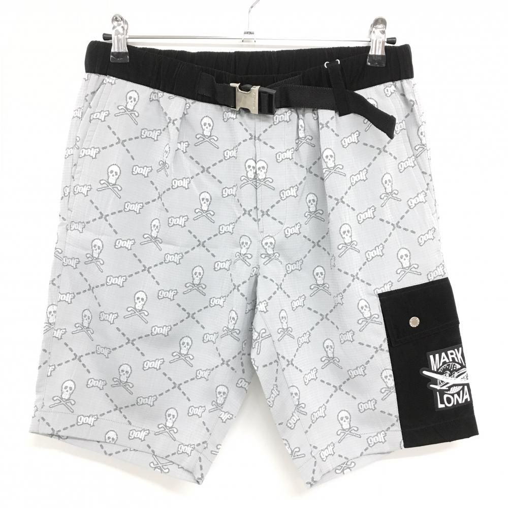 価格 マークアンドロナ ハーフパンツ グレー×黒 スカル総柄 織生地 薄手 メンズ 44 S ゴルフウェア 2025年モデル MARK＆LONA