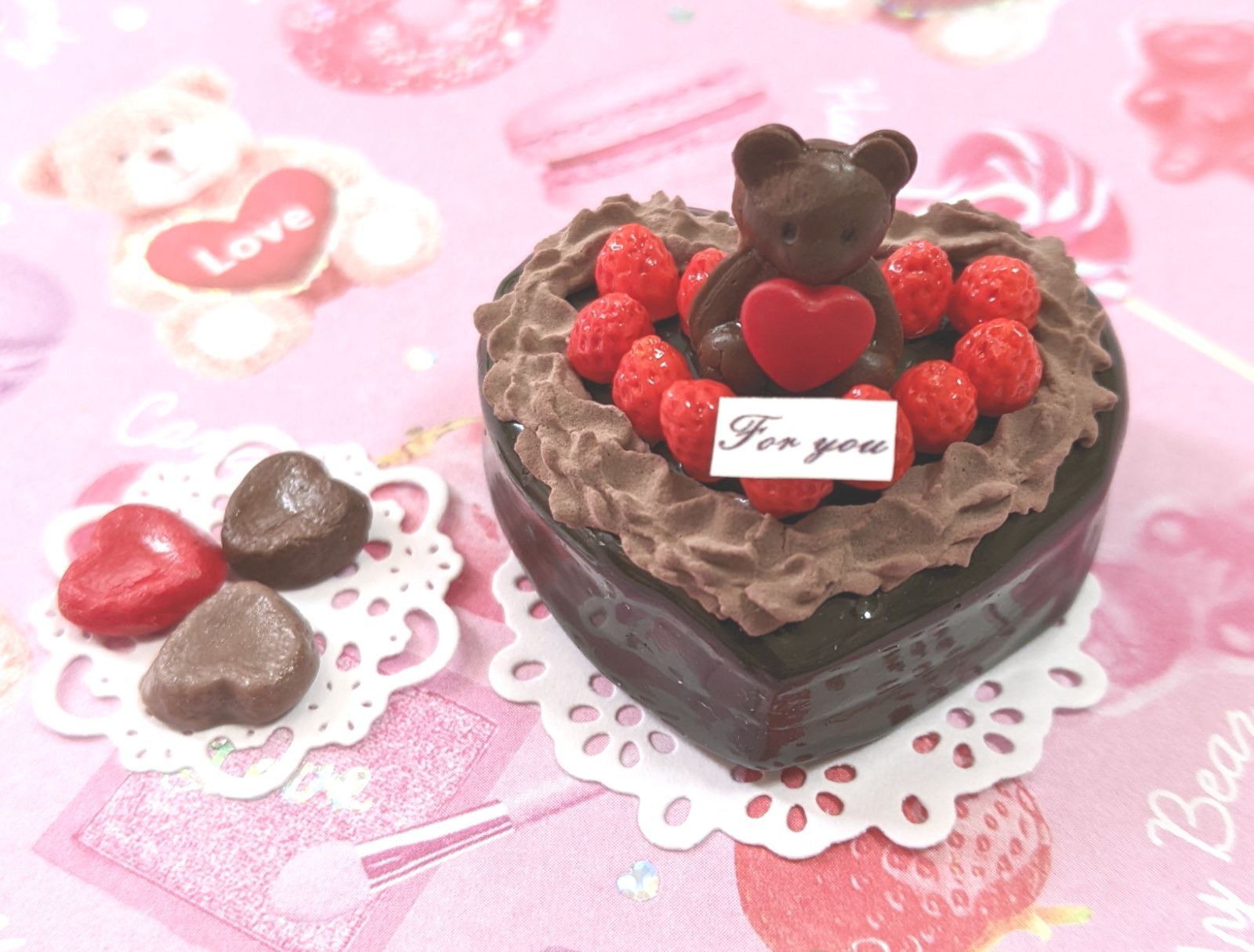 ミニチュアハンドメイド　ミニチュアスイーツ　②バレンタインのお茶会セット　ハートのケーキ