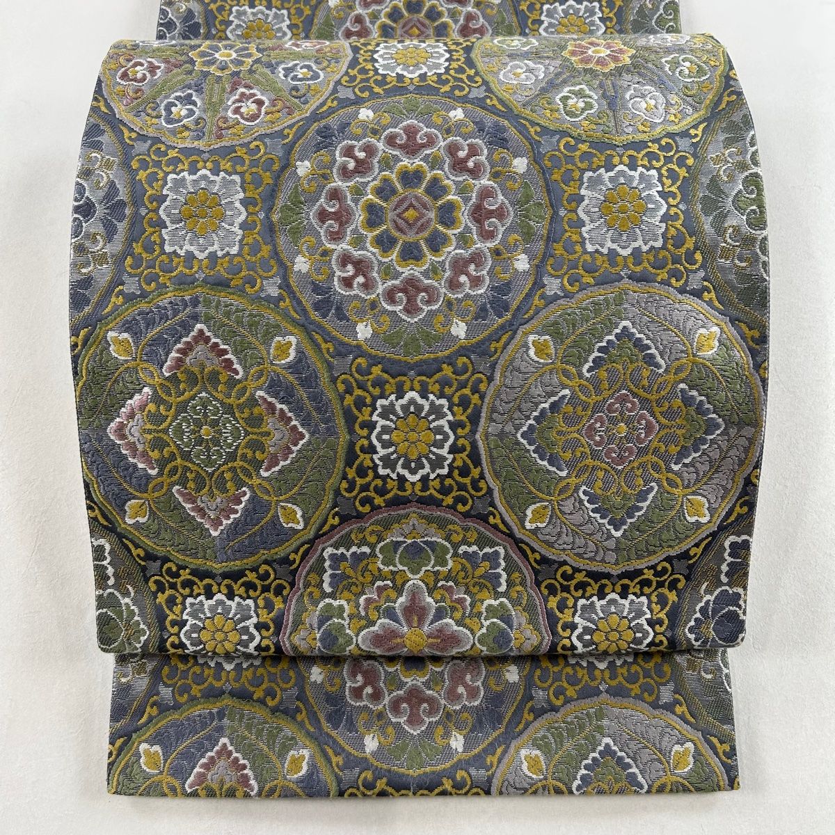 袋帯 美品 名品 華文 花唐草 唐織 箔 青灰色 六通 正絹 【中古 袋帯 美品 名品 華文 花唐草 唐織 箔 青灰色 六通 正絹 【中古