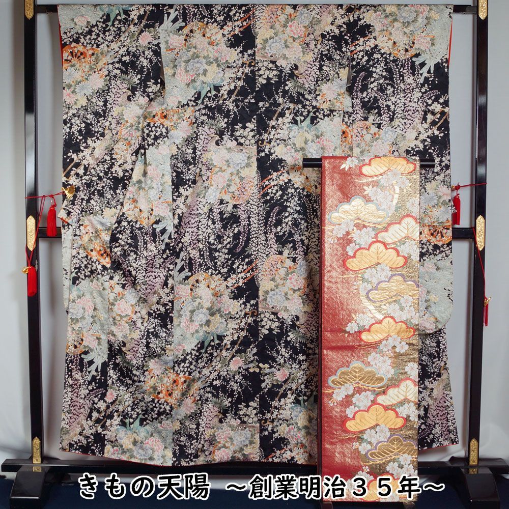 振袖セット 振袖・袋帯 2点 セット 孔雀に花車模様 Mサイズ 友禅 古典柄 【 中古 振袖 踊り 着物 セット リサイクル 振袖 リサイクル着物 正絹 卒業式 成人式 お稽古 販売 振袖 アウトレット 購入 振り】