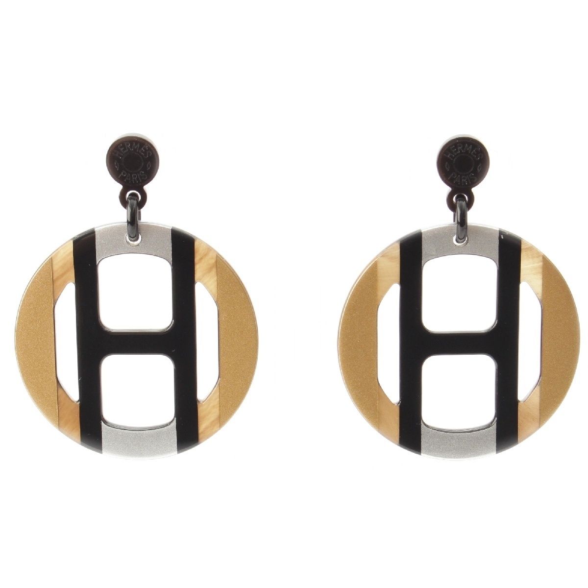 エルメス バッファローホーン Hエキップ セリエ ピアス イヤリング アクセサリー ゴールド シルバー ブラウン
