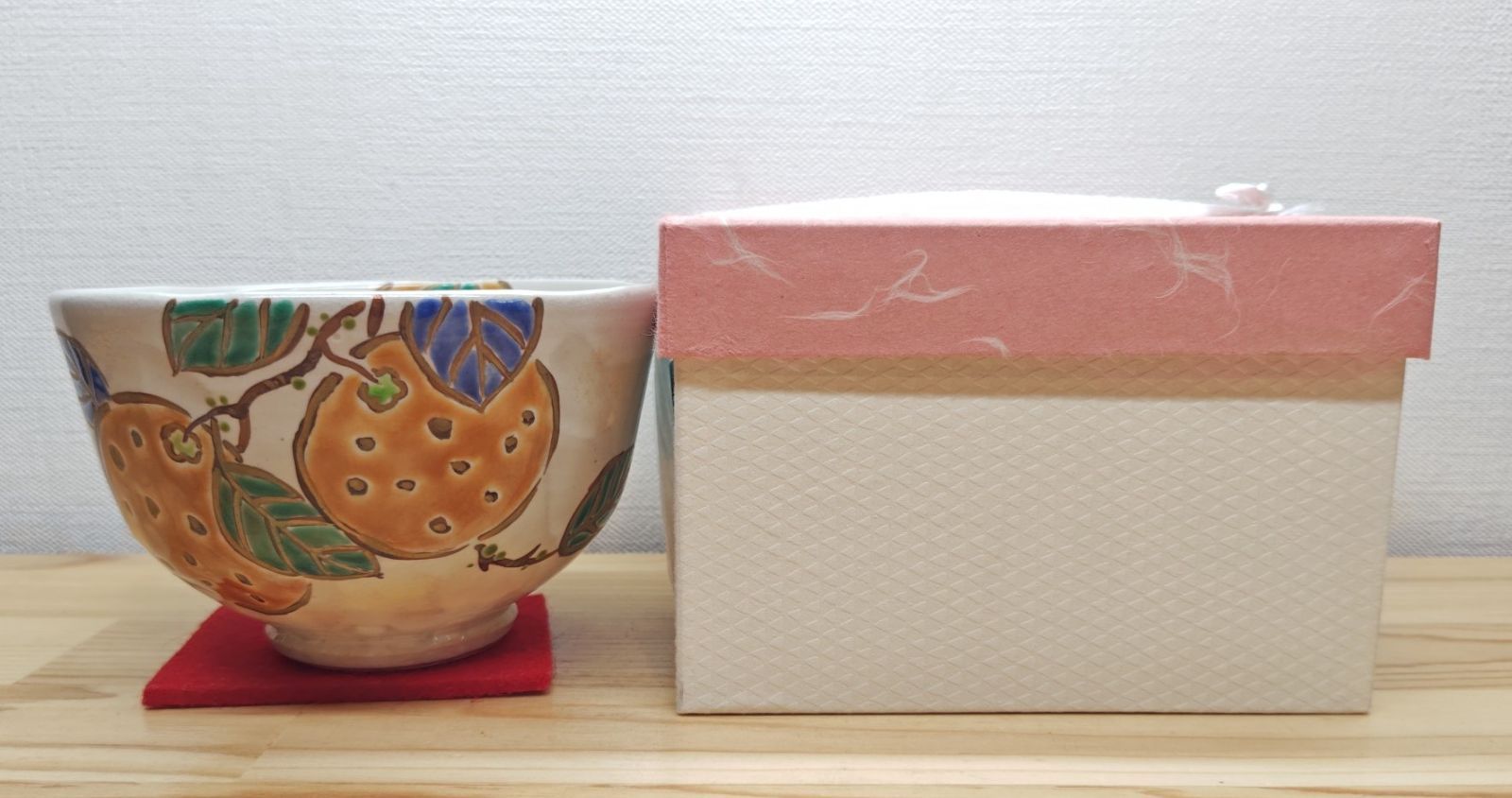 逢絢亭 茶道具 茶碗 京焼 粉引 橙 だいだい の絵 陣内窯 紙箱入り WWW_IBETON_RU