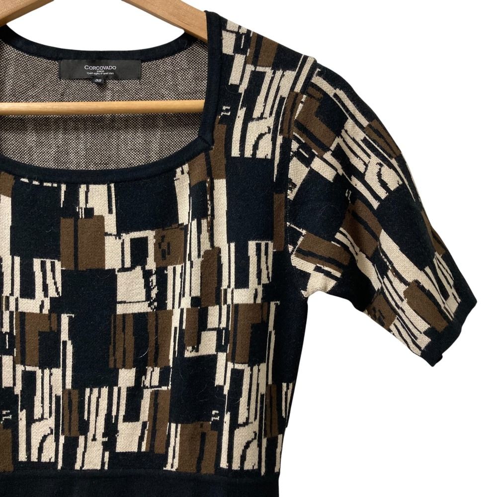 CORCOVADO コルコバード スクエアネック ロング ニットワンピース 32-244-0042 サイズ38 ブラック×ブラウン レディース 古着