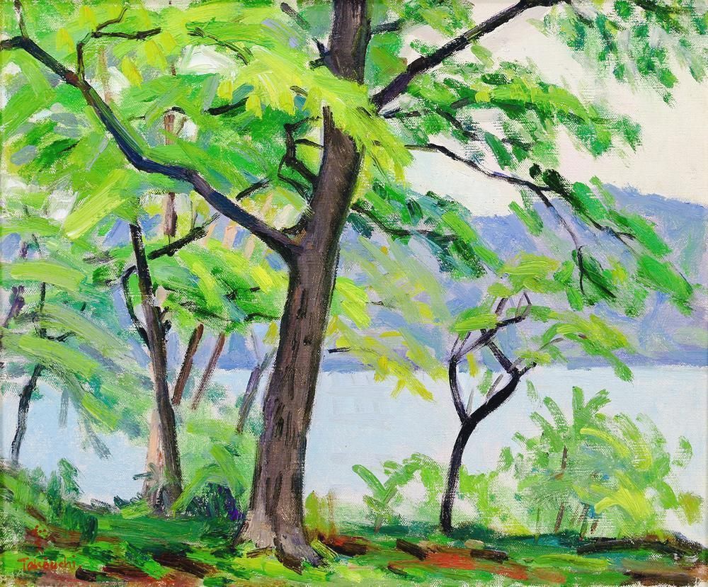 真作】絵画 油彩8号 水郷湖来 柔らかな光が描く穏やかな
