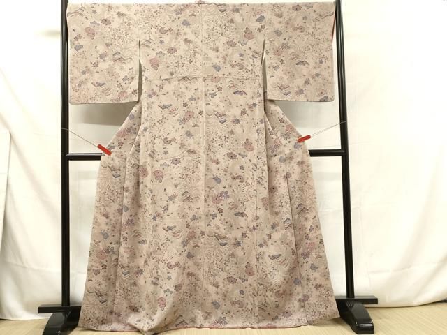 平和屋着物□上質な小紋 型染め 流水花文 鬼しぼ縮緬 正絹 逸品