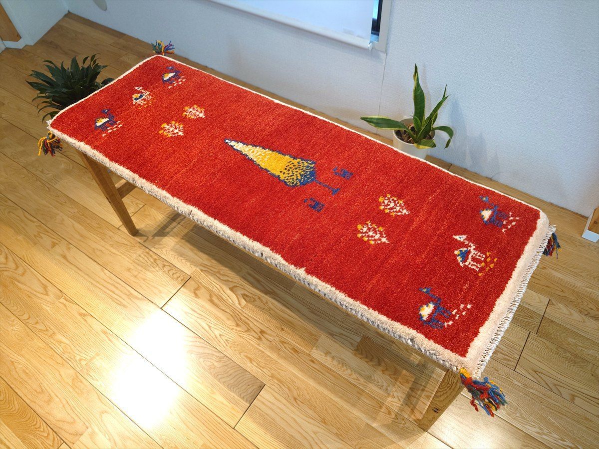 ペルシャ ギャッベ ミニランナー ラグ 115x40㎝ 茜色 ベージュ