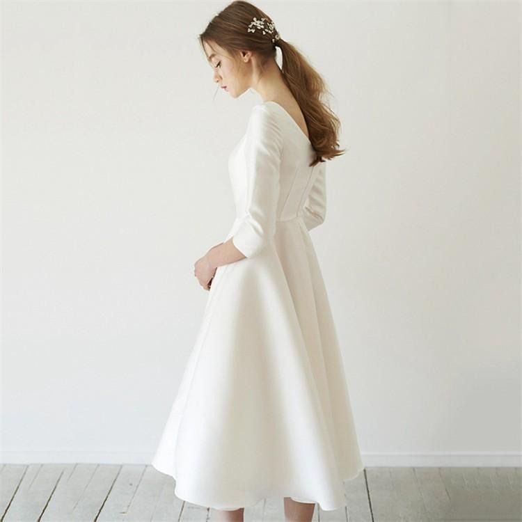 パーティードレス 袖あり 結婚式 ワンピース ドレス サテン aライン ミディアム丈 ミモレ丈 フォーマル 白 フ 大きいサイズ コーデ お呼ばれ 二次会 発表会