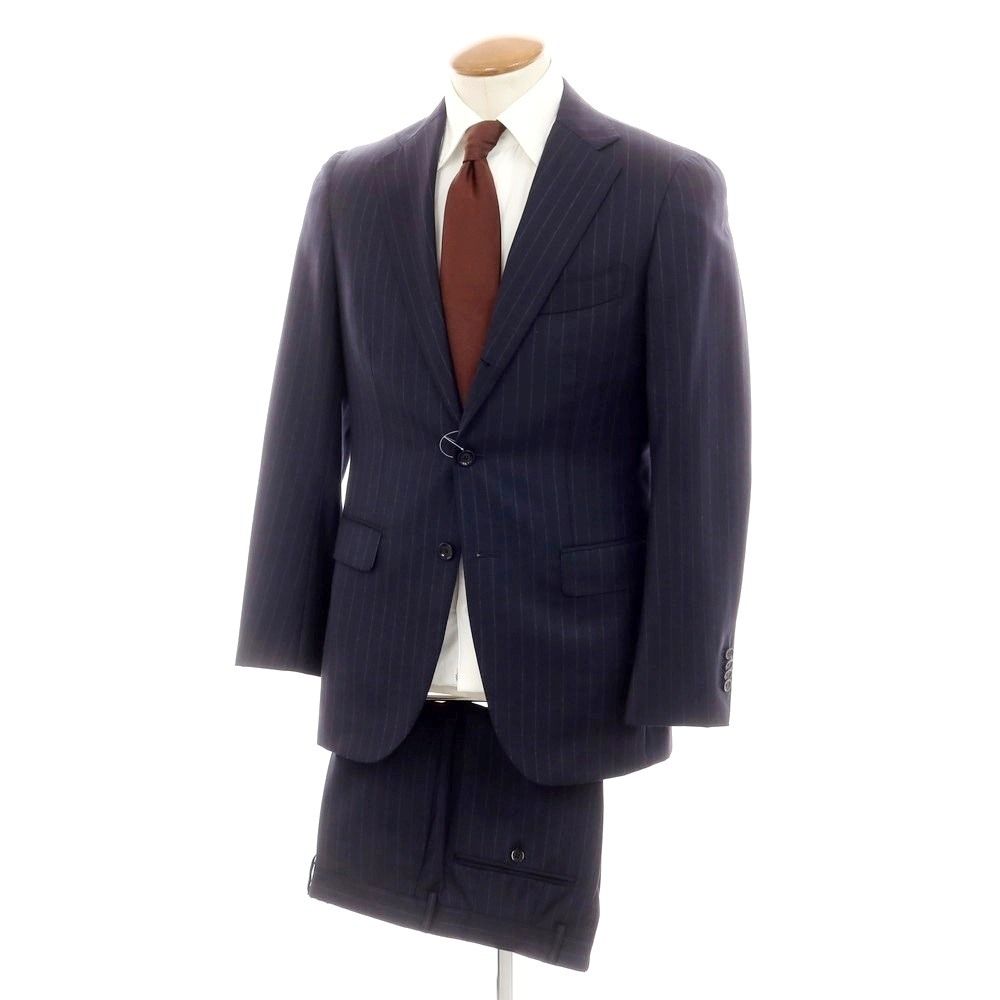 BEAMS F ウールストライプ段返り３ボタンスーツ ダークネイビー 42/8R 中古】ビームスエフ BEAMS F ツイルウール ストライプ 3つボタンスーツ
