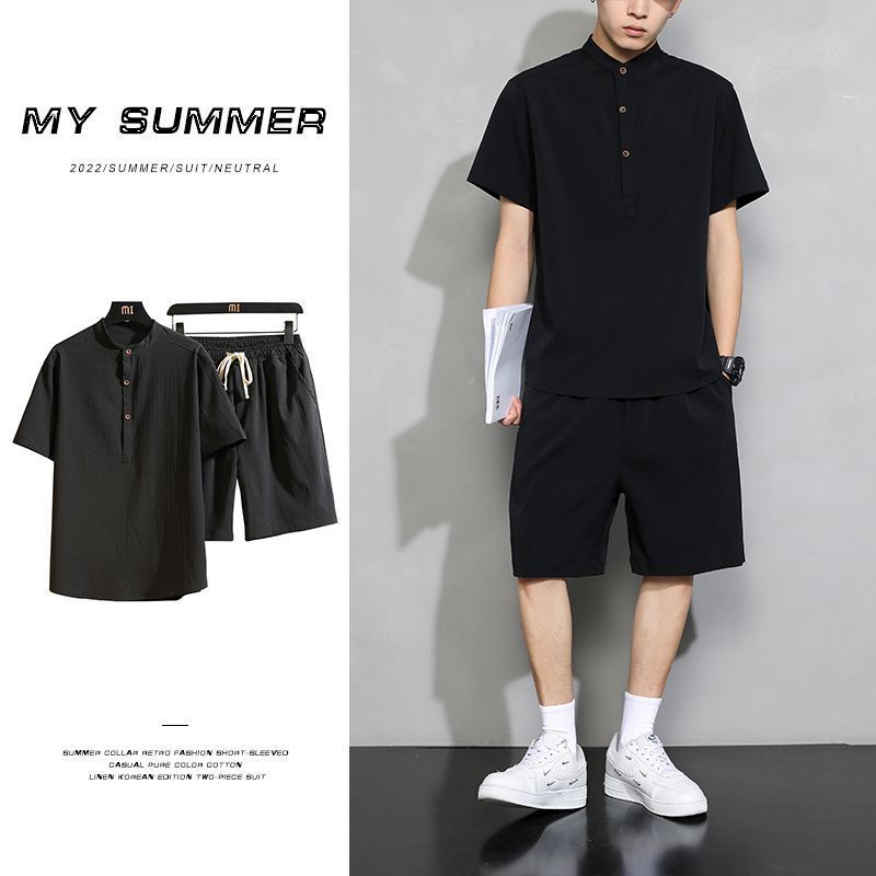 綿麻上下セット メンズ 甚平風 セットアップ Tシャツ ショートパンツ リネン 夏 薄手 ルームウェア 部屋着 父の日 プレゼント fQqQ669