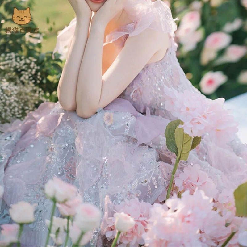 イブニングドレス ノースリーブ ピンク 花 コサージュ ロングドレス