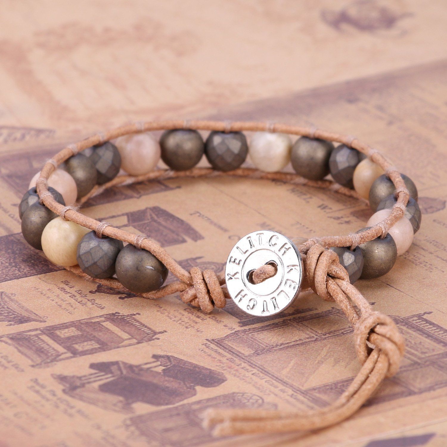  アンティーク ブレスレット パワーストーン ビーズ レザー ラップ バングル 単連 男女兼用 KELITCH ブレスレット アクセサリー