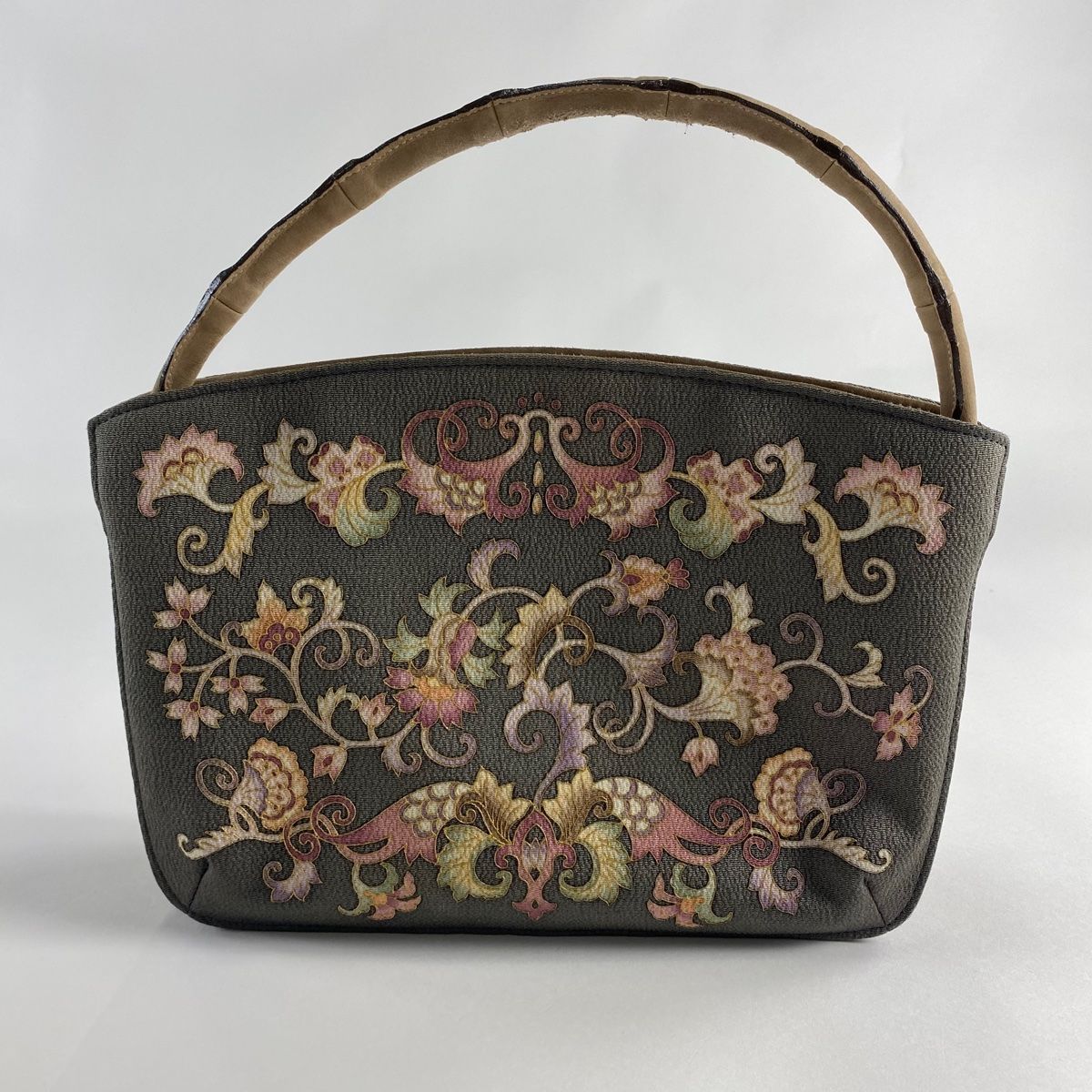 和装バッグ 逸品 OKAJIMA 花唐草 縮緬 金彩 灰緑 正絹 和装小物