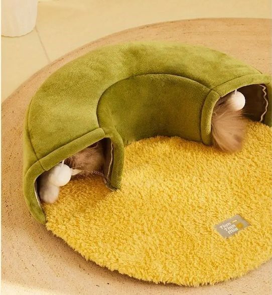 XL ペットベッド 猫ベッド 円形 トンネル 布 猫の巣 ユニーク おもしろ ふわふわ ポンポン ボール かわいい おしゃれ 滑り止め底 高品質 室内 グリーン イエロー ブラウン 春 夏 秋 冬 通年 ペット用品 猫用 小型猫 中型猫 大型猫