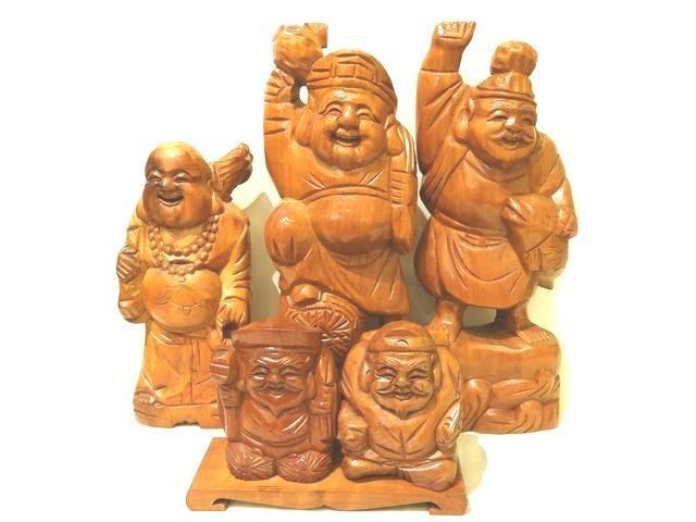 七福神 木製 置き物 計5体セット 大黒天 布袋尊 恵飛須 オブジェ インテリア 7D