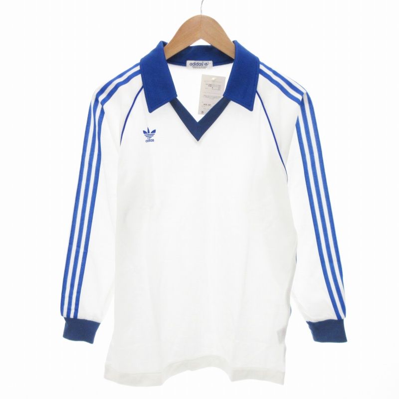 adidas ヴィンテージ 80s ゲームシャツ プルオーバー トレフォイル スリーストライプ 長袖 L 白 青
