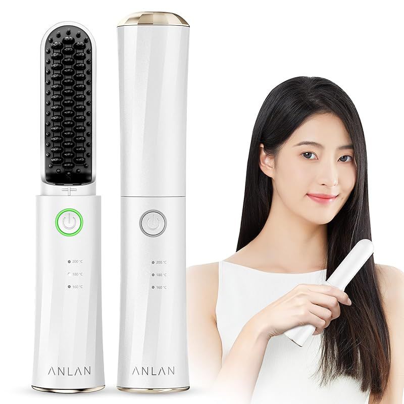 ANLAN ヒートブラシ コードレス イオン静電気防止 ストレートブラシ ブラシアイロン ストレート 3段階温度調整 持ち運び 火傷防止 男女兼用 USB充電式 ヘアアイロン お誕生日 プレゼント 1