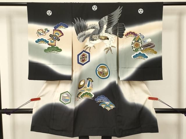 平和屋着物[]お宮参り　男の子　祝着　産着　初着　のしめ　鷹　鷲　打ち出の小槌　暈し染め　金彩　逸品　DAAS9279ma