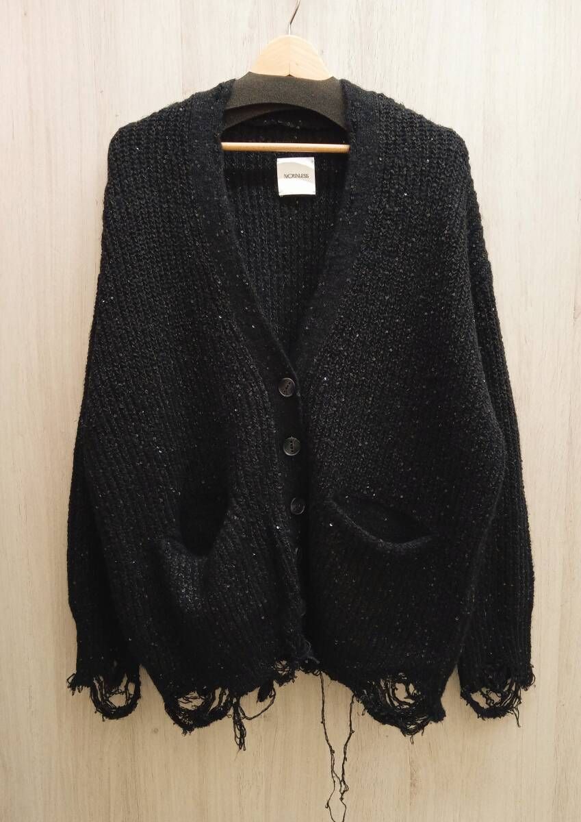 NOUNLESS|ナウンレス|長袖カーディガン アンサンブル|SHINY GRUNGE KNIT CARDIGAN|ダメージ加工|ブラック|サイズ2