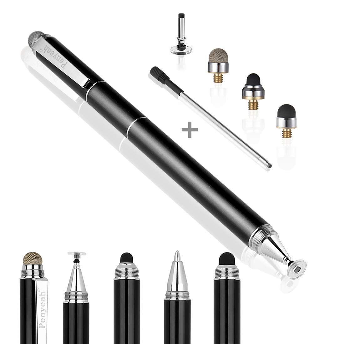 Capacitive Stylus Pen with Ballpoint Pen Writing，Penyeah 4-in-1 Touch Screen Stylus-Writing Pen u0026Disc Tip u0026 Mesh Fiber Tip  [ブラック]