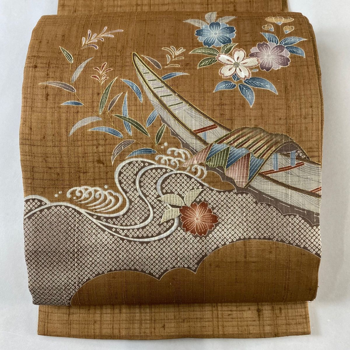 袋帯 名品 夏帯 紬地 舟 桜 金糸 金彩 茶色 お太鼓柄 正絹