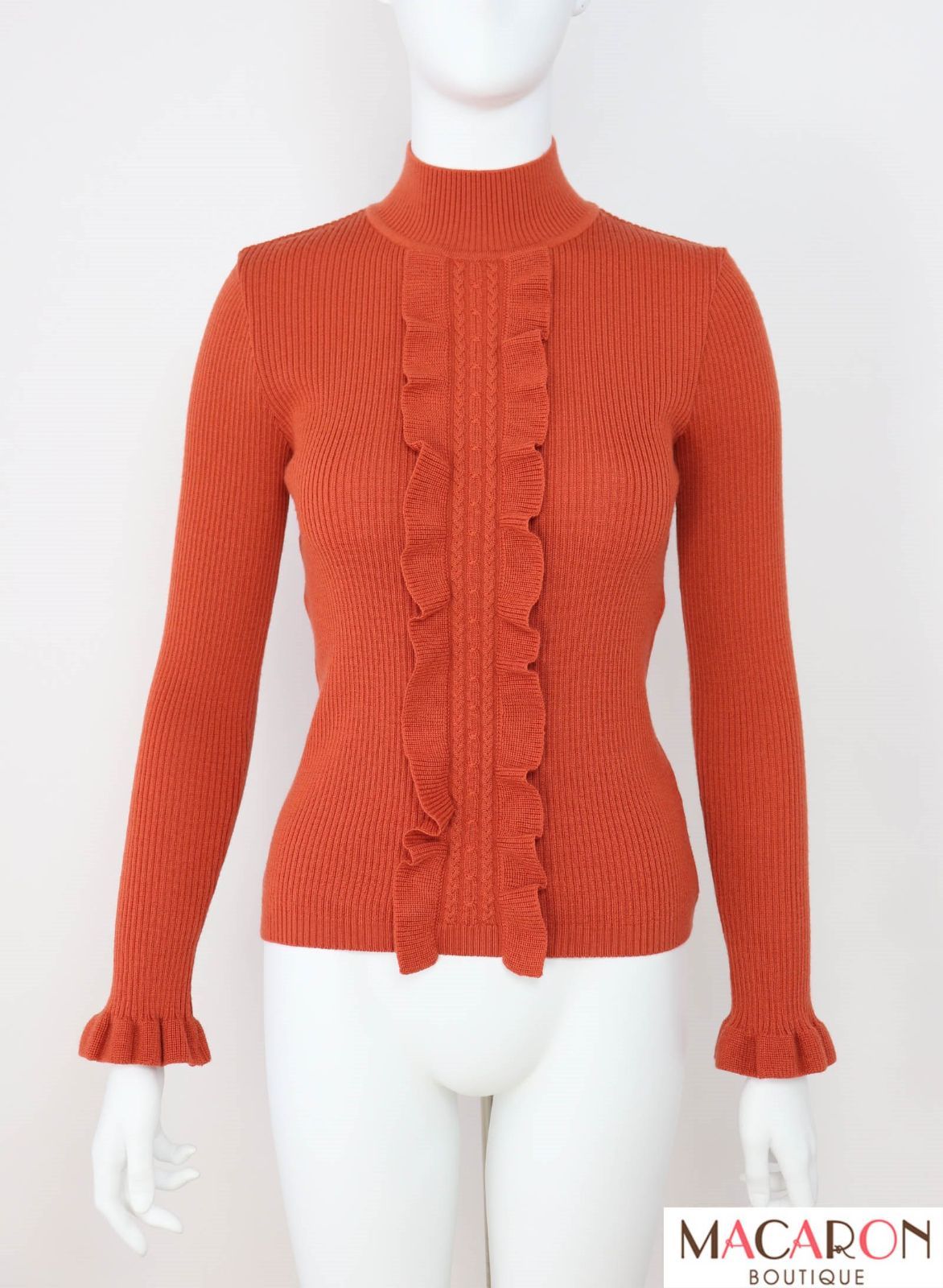 美品 Rene ルネ ハイネック フリル ニット カットソー セーター 5142030 サイズ38 オレンジ レディース 古着 中古 USED René - 美品 Rene ルネ 長袖 透かし編み フリル ニット カットソー