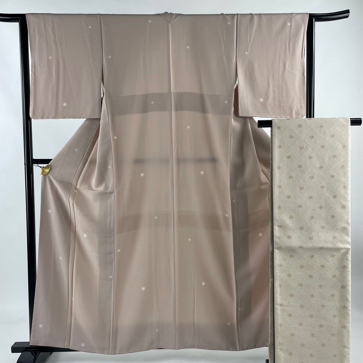 小紋 身丈159cm 裄丈64cm M 袷 袋帯セット 蛍ぼかし ピンクベージュ 正絹 秀品