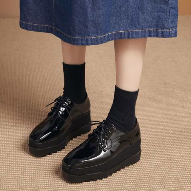 オックスフォード 厚底ウェッジ シューズ 厚底 ウェッジソール レースアップ スクエアトゥ エナメル靴 8cmヒール ウッド おじ靴 プラットフォームシューズ レディース きれいめ 通勤 通学 オフィ pdd5270 FFCRYSTALESIA_COM