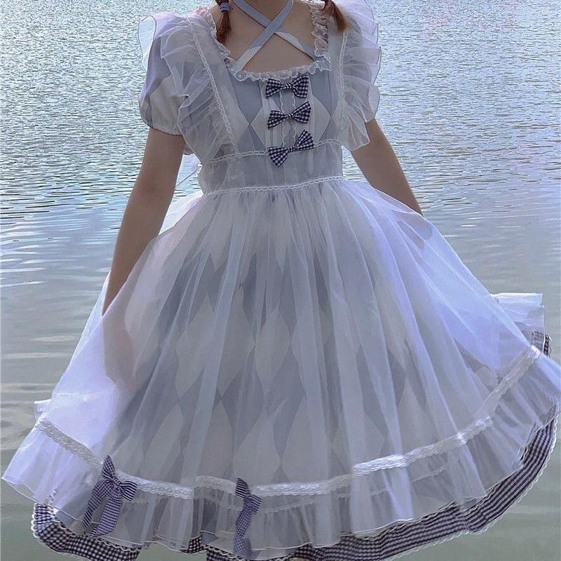 お洒落な 現貨 双子 Lolitaブルーチェック JSKロリータドレス 上品かわいい フリル リボンデザイン 短袖トップス カバー付きスカート ヘアバンド 甘ロリー 女子ファッション 大人 期間 613