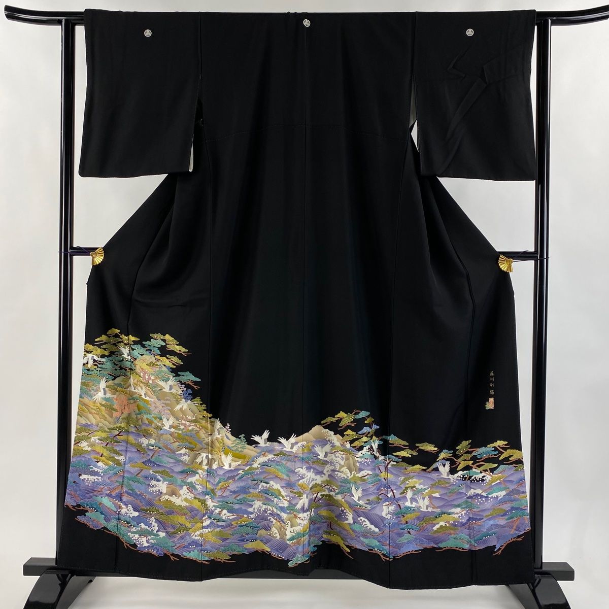 黒留袖 身丈158.5cm 裄丈62cm S 袷 落款 鶴 笠松 蘇州刺繍 黒 正絹 秀品