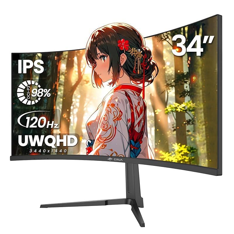 CRUA ゲーミングモニター 34インチ 湾曲 PC モニター IPSパネル UWQHD 3440×1440P 120Hz 21 9 曲面 ウルトラワイド ディスプレイ|DCI-P3 98% |HDMI- DP1.4 | ブルーライト軽減|傾斜調整|広い視